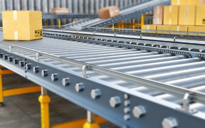Metallic conveyors with boxes are stretching far away, stack of boxes is near, 3d illustration